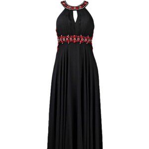 Halter Neck Cutout Back Ruched Bodice Beaded Neck and Waist Chiffon Dress